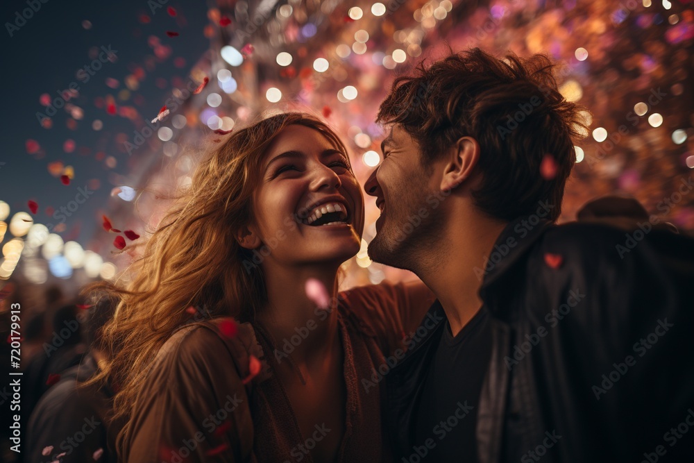 Experience the enchantment of a couple immersed in happiness as they dance together at an open-air music concert under the night sky