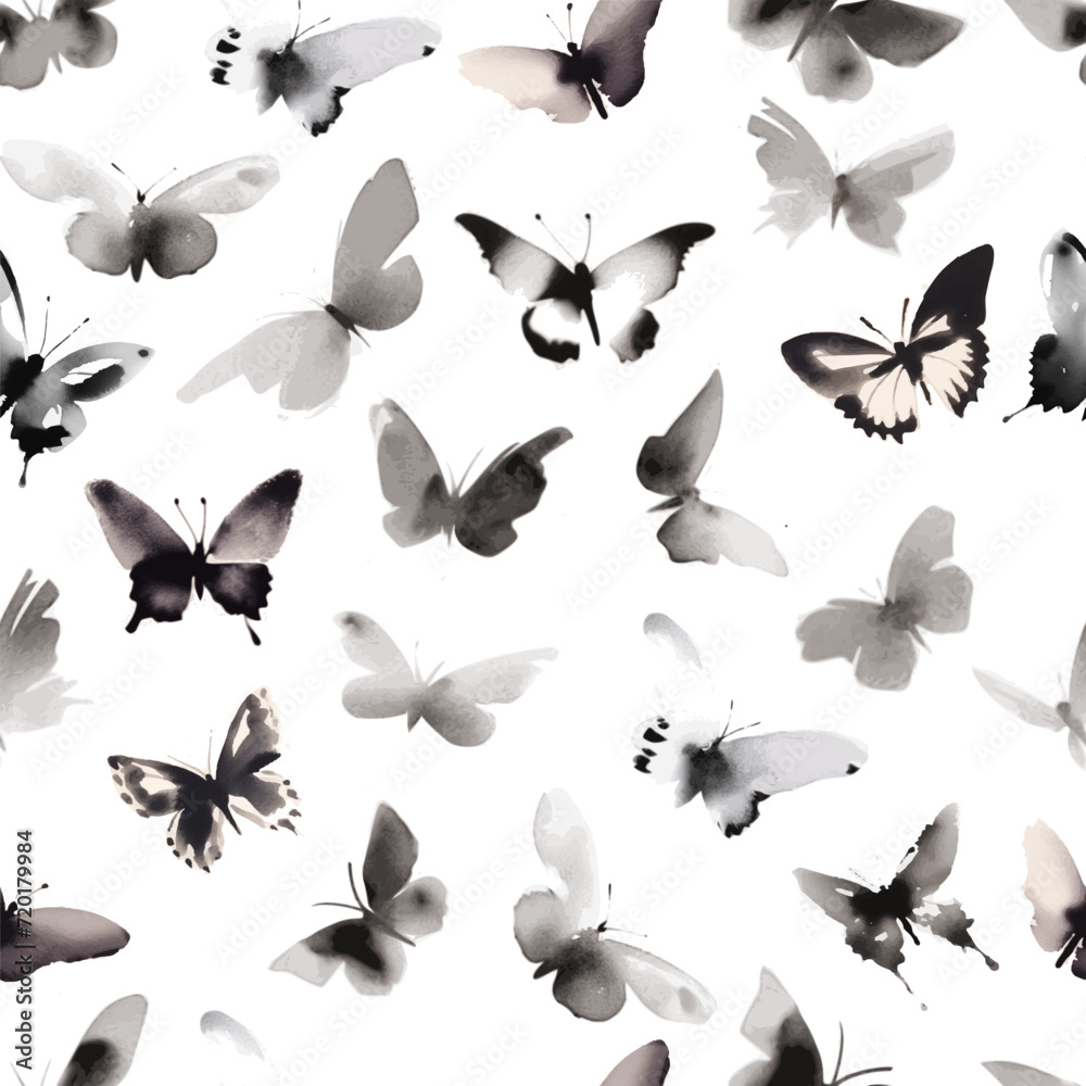 Sumi-e-inspired seamless vector pattern with butterflies. Can be used for wallpaper, pattern fills, textile, web page background, surface textures Sumi-e-inspired seamless vector pattern with butterflies. Can be used for wallpaper, pattern fills, textile, web page background, surface textures