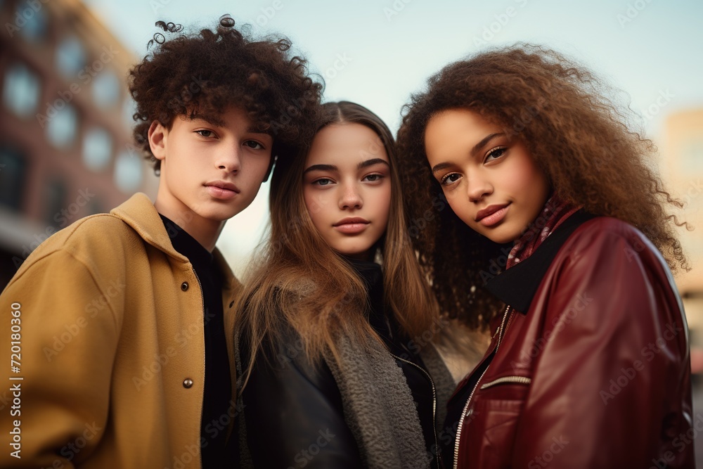 Fototapeta premium Multiracial group of students looking at camera outdoors. Cool and confident teenagers group of three portrait