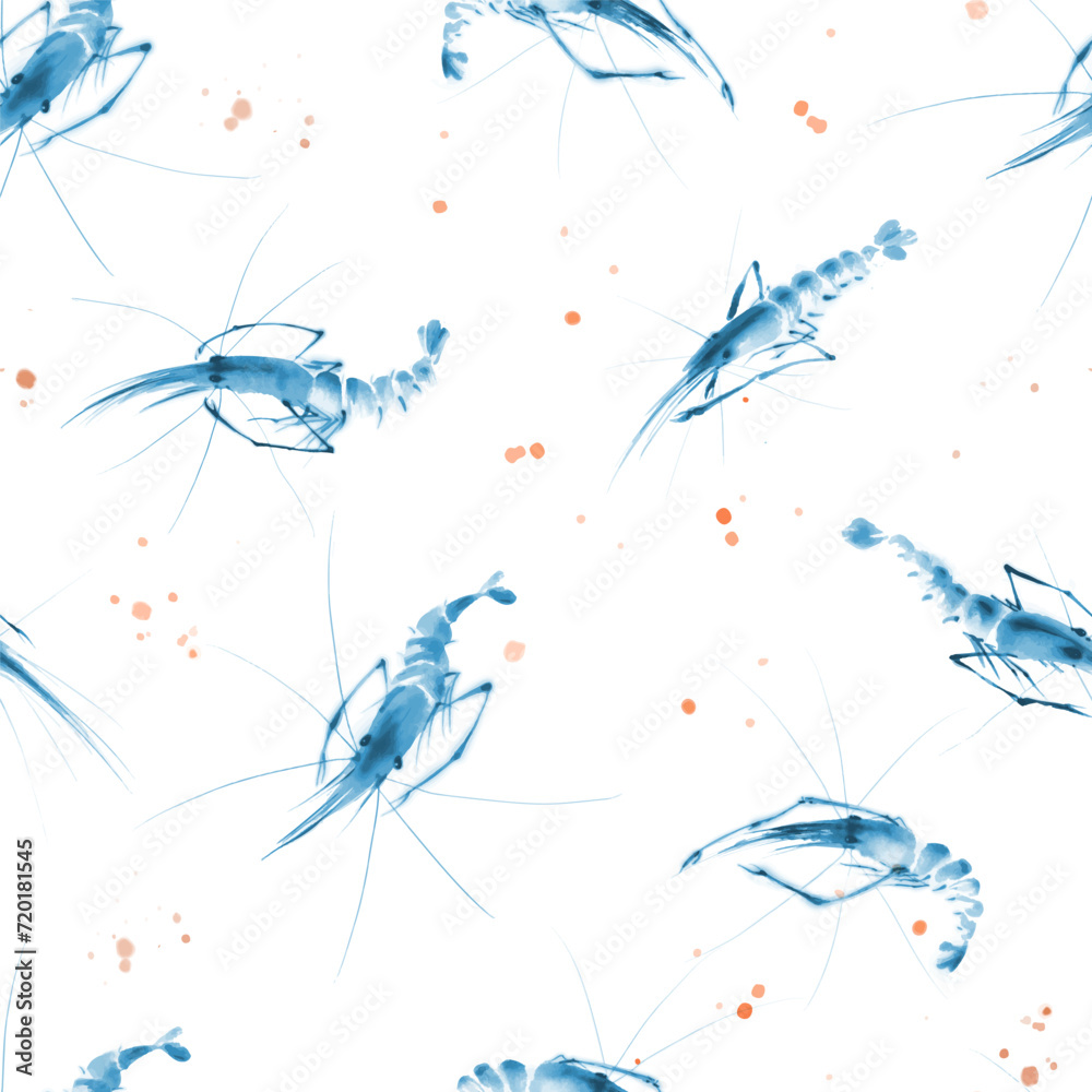 Japanese sumi-e style shrimps, seamless pattern for backgrounds, textiles, or wallpapers