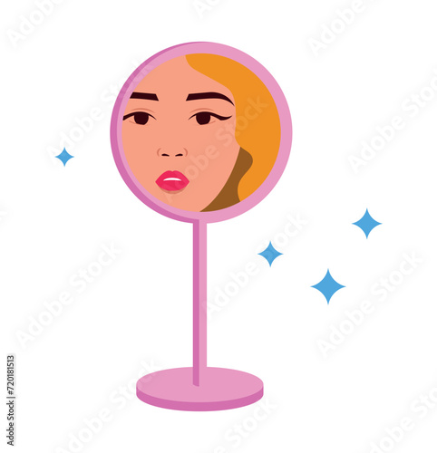 The girl looks in the mirror. He evaluates his appearance and admires it. Vector illustration of a beautiful girl on an isolated background.