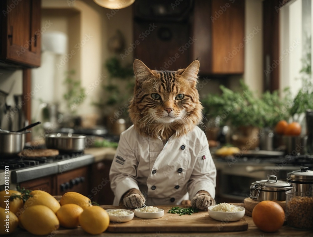 Cute cat chef cooking food. AI Generated.
