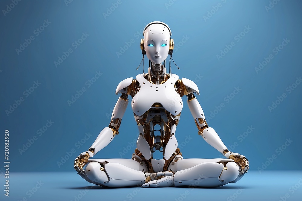 humanoid robot doing yoga on blue background, artificial intelligence, generative ai


