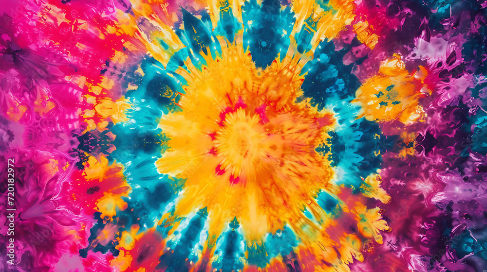 Psychedelic tie-dye explosion in a riot of bold colors with a grainy texture for a vibrant and energetic event poster. 