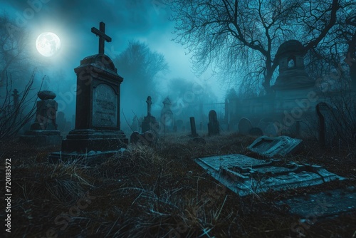 A spooky graveyard at night with tombstones, fog, and ominous moonlight Graveyard At Night Spooky Cemetery photo