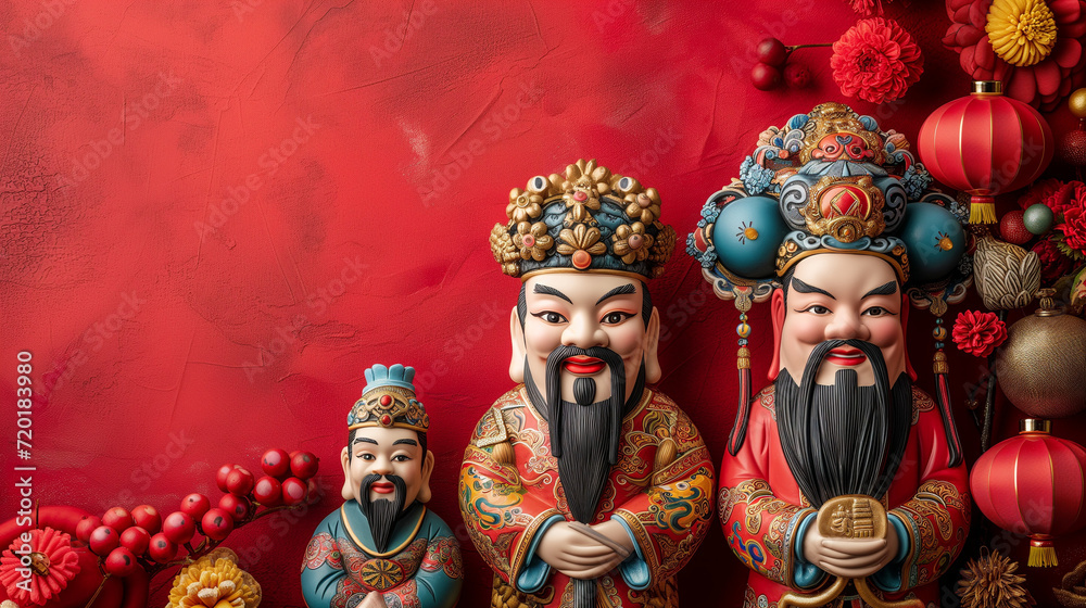 Fototapeta premium Chinese New Year figurines, meticulous in design, radiate festive energy, embodying cultural symbolism and prosperity to elevate spaces with a touch of traditional charm and auspicious vibes