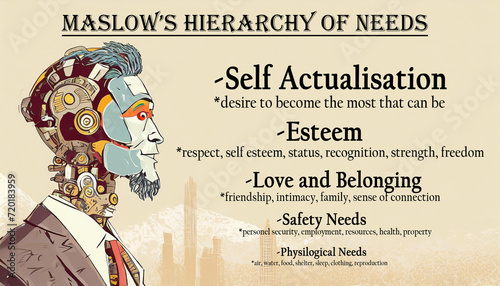 Humanoid robot concept maslow's hierarchy of needs such as physiological, safety, love, belonging, self, actualisim, breathing, food, water, sex, sleep, homeostasis, excretion, employment, resources