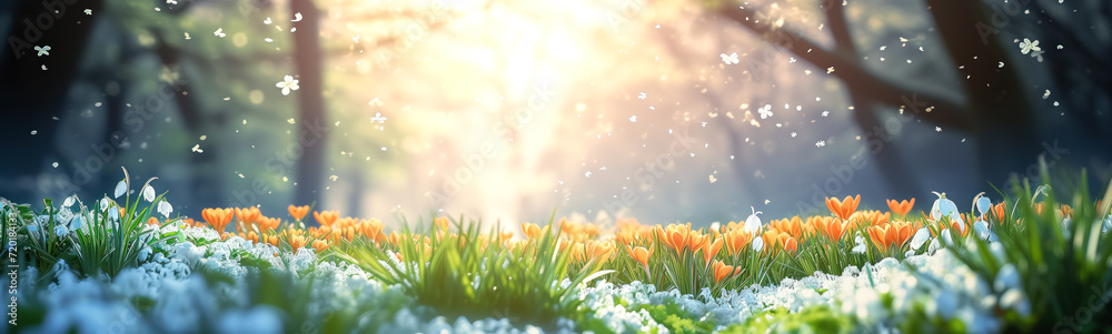 Fototapeta premium Panoramic view of the lawn in forest with blooming snowdrops and crocuses in spring. Wallpaper, banner, card concept.