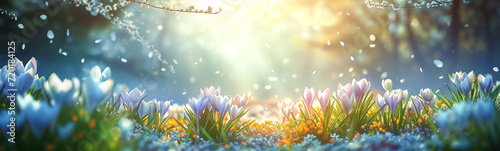 Panoramic view of the lawn in forest with blooming colouful crocuses in spring. Wallpaper, banner, card concept. photo