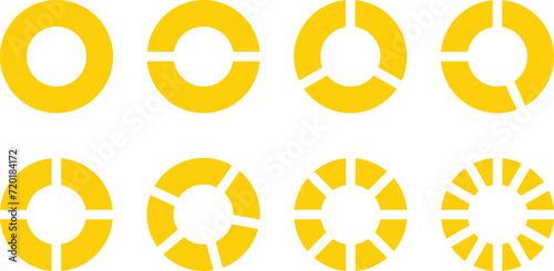 Sliced circle. Fractions pie divided for math. Yellow circle pie with pieces. Segment slice set. Vector illustration