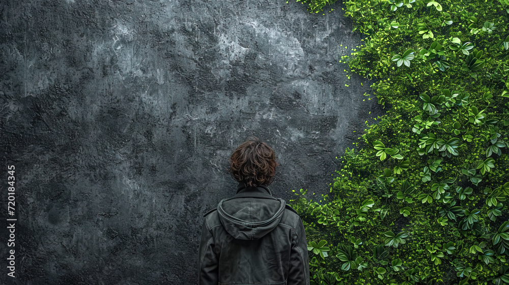 View from the back, a young man looks at a concrete wall covered with ivy. View from the back, a young man looks at a concrete wall covered with ivy.
