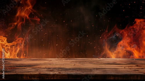 A wooden table adorned with a multitude of blazing fire flames. photo