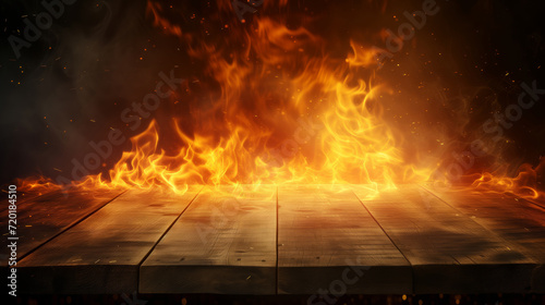 A wooden table adorned with a multitude of blazing fire flames. photo
