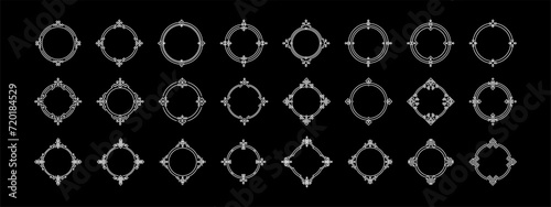 Big Set of round Chinese frame corners. Traditional Asian pattern. White vector illustration isolated on black background. Japanese, Korean and Chinese circle photo