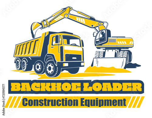 Excavator loader loads to dump truck. Vector illustration isolated on white and transparent background. Logo design, brochure and flyer design.