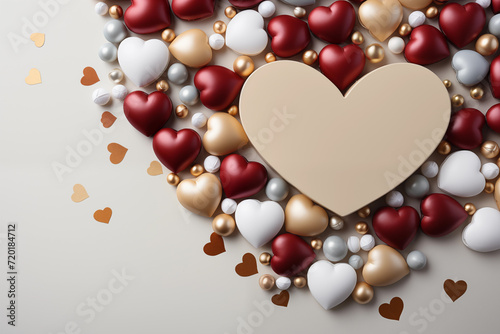 A beautiful big heart with beads. Many hearts surround the heart-shaped frame. Generative AI