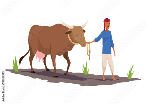Indian farmer in traditional clothes. Rural man plowing field by cow. Rural business and village concept. Isolated vector illustration