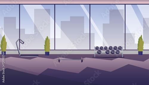 Gym interior horizontal background without people who doing fitness exercises using sport simulators. Healthy and active lifestyle, vector in flat style
