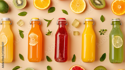 Bottles with delicious colorful juices on beige