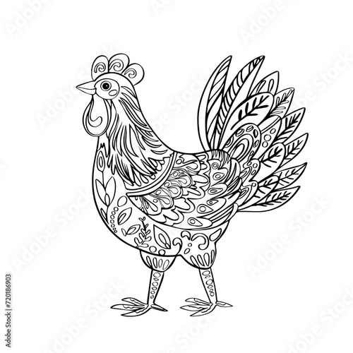 Art illustration of colorful mandala of rooster, hen isolated on white background. Farm bird for coloring, zentangle illustration or tattoo in high detail. Vector drawing of a rooster.