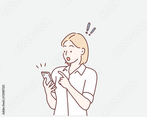 The woman looks at her phone and is surprised. Hand drawn style vector design illustrations.