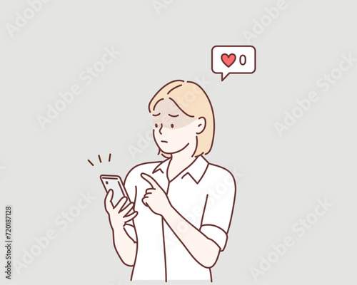 The woman is sulking because she didn't receive any likes on her social media post. A girl looking at a smartphone app with zero likes. Hand drawn style vector design illustrations.