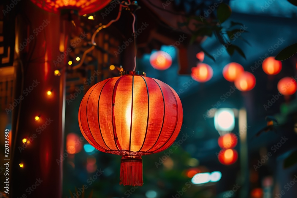 Chinese red lantern in the night of Chinese New Year of happiness