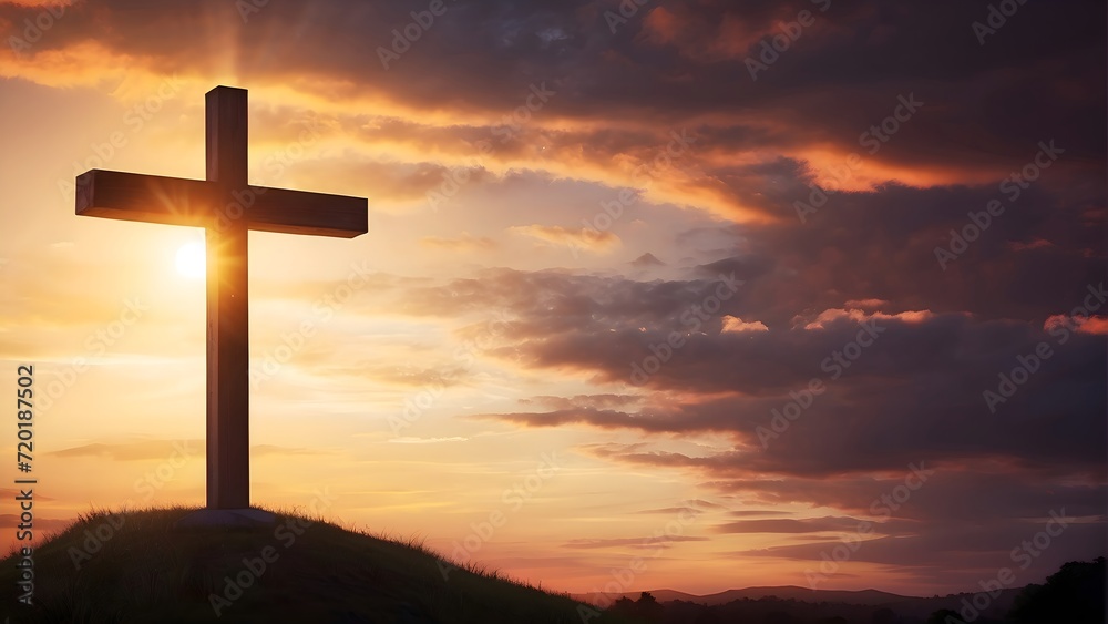 Crucifixion Of Jesus Christ - Cross At Sunset and sky background