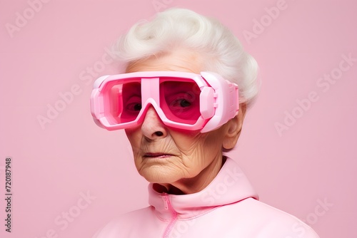Neo-futurist photography, minimalism, magazine cover photo of senora with gray hair and pink glasses.