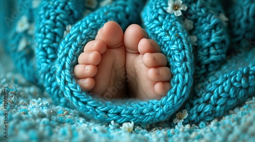 Newborn baby s delicate feet nestled in a cozy  knit blue blanket  capturing the essence of comfort and tenderness