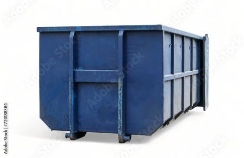 Metal durable blue industrial trash can for street waste isolated on a white background. Large steel basket for household and industrial waste. Construction waste container for home renovation.