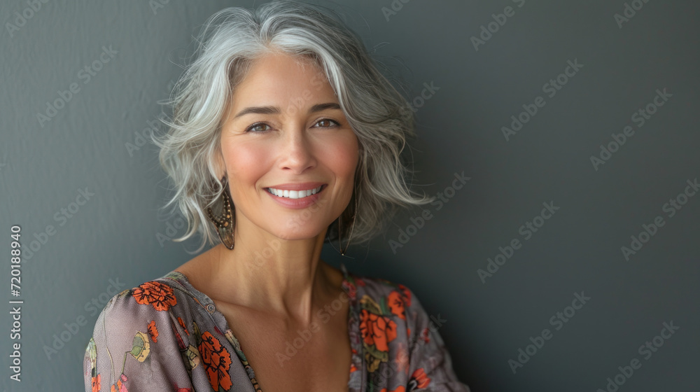 Beautiful woman with grey hair smiling posing on grey background. Beautiful woman with grey hair smiling posing on grey background.