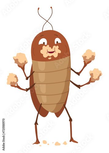 Dirt cockroach. Funny brown beetle. Adorable parasit, wildlife sticker. Cartoon insect pest vector illustration