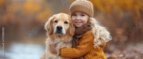 Portrait Little Girl Hugging Golden Retriever, Background HD For Designer
