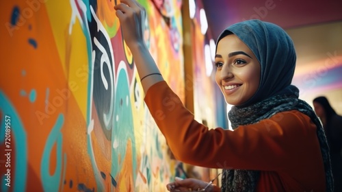 Portrait of young muslim woman in hijab drawing graffiti on wall. Islam. Muslim. Islam Concept with Copy Space.