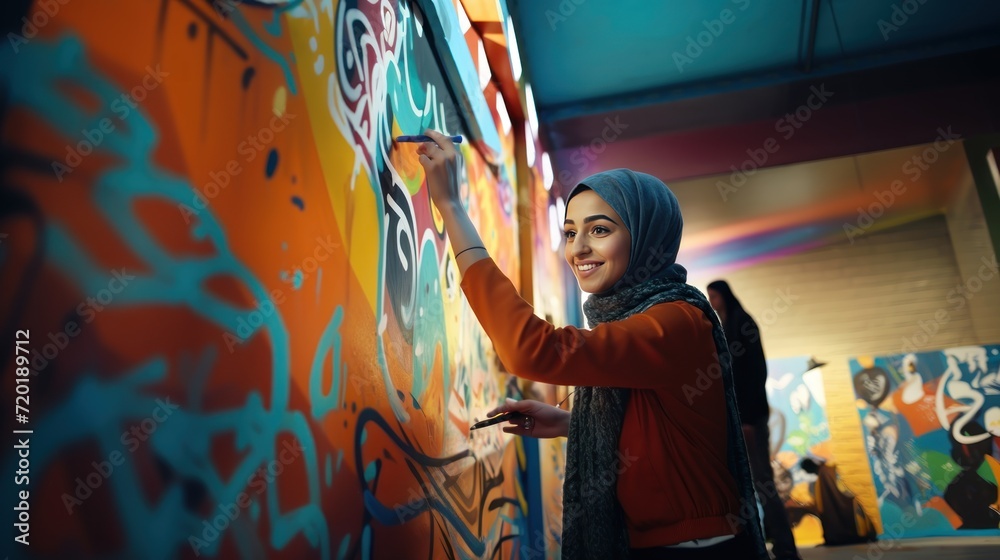 Portrait of young muslim woman in hijab drawing graffiti on wall. Islam. Muslim. Islam Concept with Copy Space.