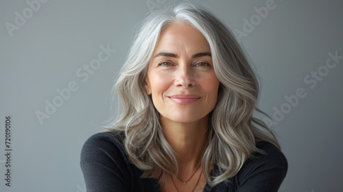 Beautiful woman with grey hair smiling posing on grey background.