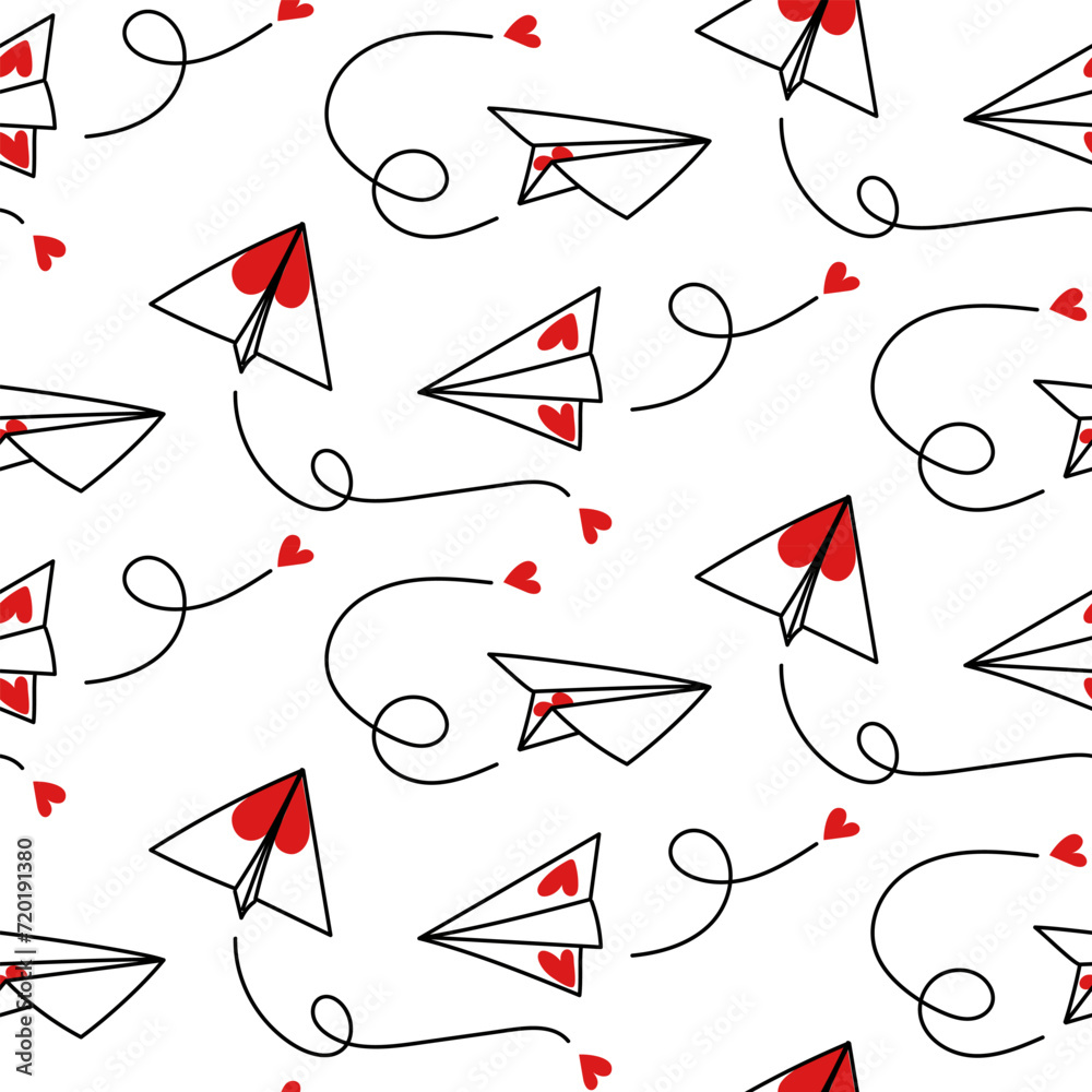 Pattern is paper airplanes with hearts. Seamless vector pattern with origami planes, flying hearts. Wrapping paper, wallpaper, repeating elements, vintage design, laptop cover, fabric clothing design Pattern is paper airplanes with hearts. Seamless vector pattern with origami planes, flying hearts. Wrapping paper, wallpaper, repeating elements, vintage design, laptop cover, fabric clothing design