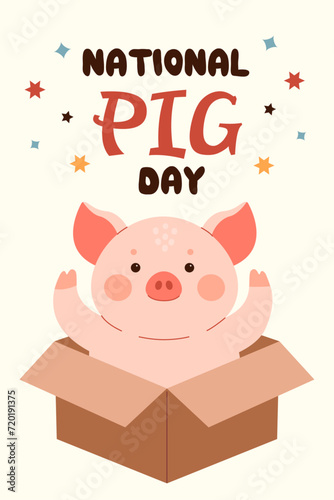 National pig day. Pig sitting in box. Farm animal character poster. Piggy day banner photo