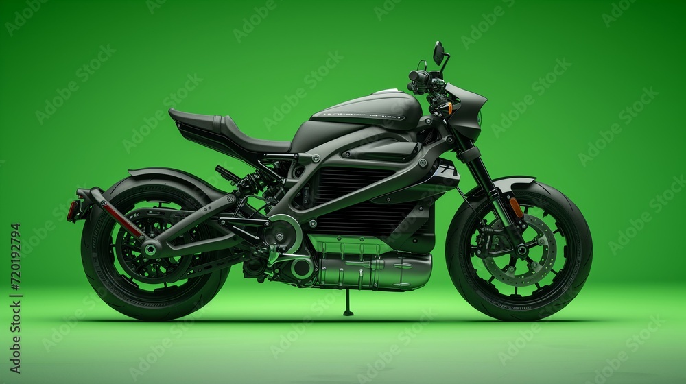 Electric cruiser motorcycle with black design on green backdrop.
