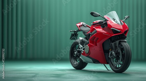 Red sports motorcycle showcased indoors with green hues.
