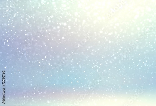 Soft snow falling into empty room light blue color with pearlescent effect. 3d background winter decor.