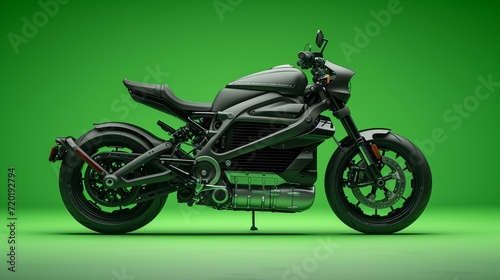 Electric cruiser motorcycle with black design on green backdrop.
