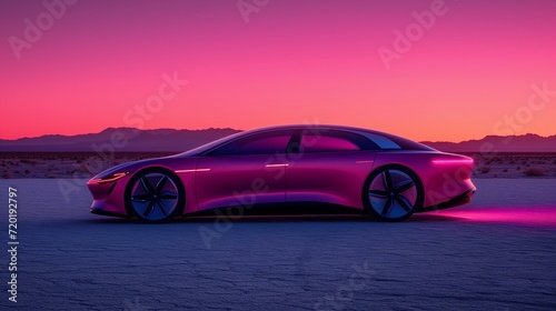 Pink electric sedan parked in a desert at dusk  futuristic design.