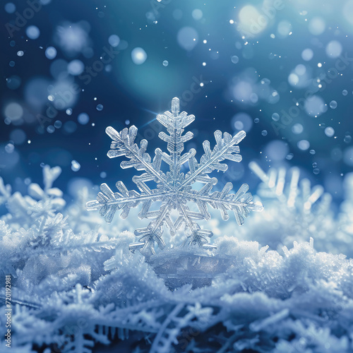 Macro shot of a single snowflake, showcasing intricate details against a wintry blue backdrop with bokeh. © Tiz21