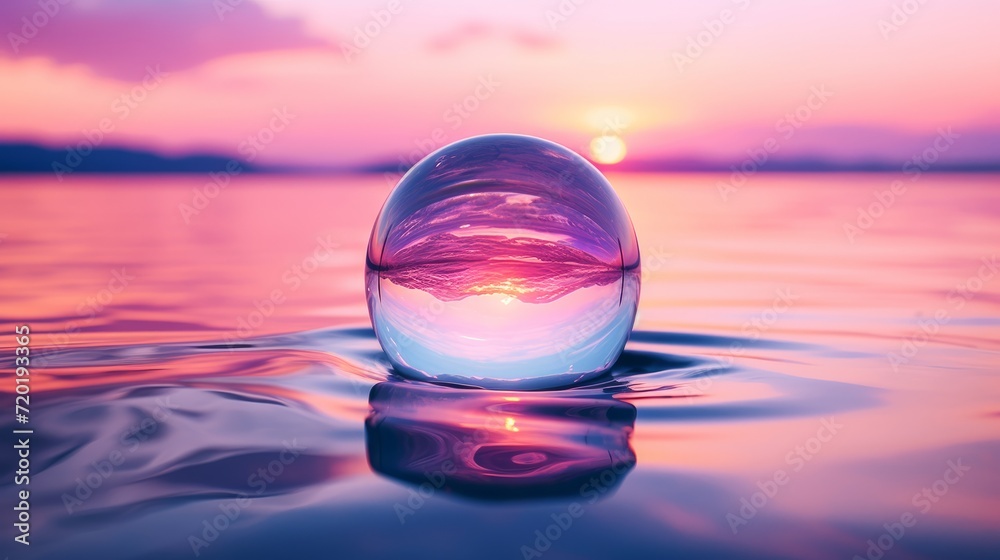 Glass sphere in the water at sunset, calm, meditative, relaxing, mental health, emotional balance, wellness Glass sphere in the water at sunset, calm, meditative, relaxing, mental health, emotional balance, wellness
