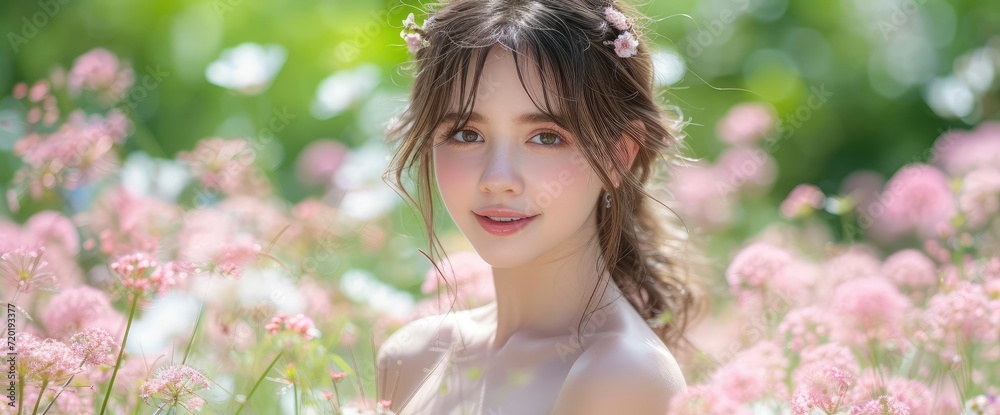 Fototapeta premium Young Pretty Woman Smiling Happily Hand, Background HD For Designer