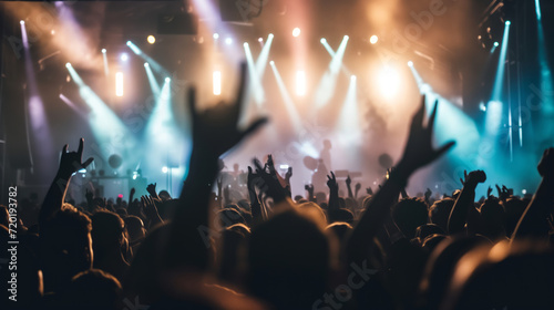 A crowd of music enthusiasts joyfully raise their hands in the air during a lively concert. © MYDAYcontent