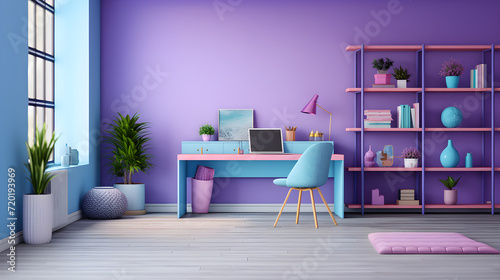  Ideas for decorating work corners in different colors, office rooms, plants, tables, chairs, books, bookshelves, sofas, houses, apartments, design, furniture, desk lamps, colorful, AI-generated. © France