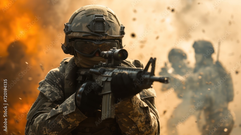 Fototapeta premium action shooter AAA videogame First person view photo of a shooter battlefield war game with soldiers